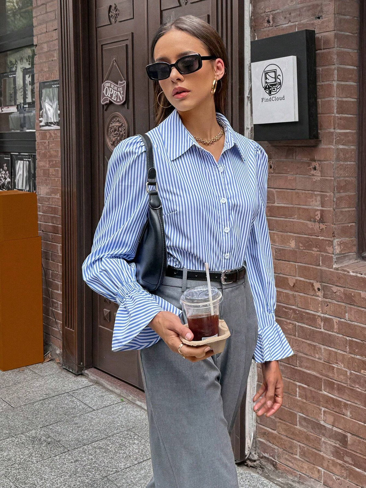 ChicEase Women's Striped Ruffle Cuff Button-Up Shirt