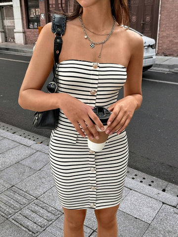 Women's Summer Casual Fashionable Front Button Striped Camisole Dress