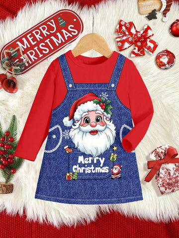 Christmas Cute Santa Claus, Young Girl Casual Simple Long Sleeve Dress, Suitable For Autumn And Winter