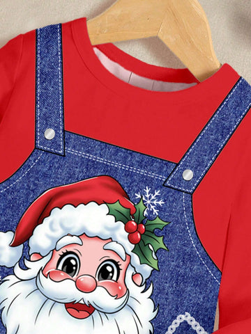 Christmas Cute Santa Claus, Young Girl Casual Simple Long Sleeve Dress, Suitable For Autumn And Winter