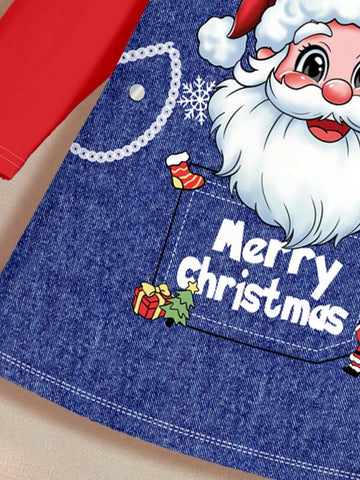 Christmas Cute Santa Claus, Young Girl Casual Simple Long Sleeve Dress, Suitable For Autumn And Winter