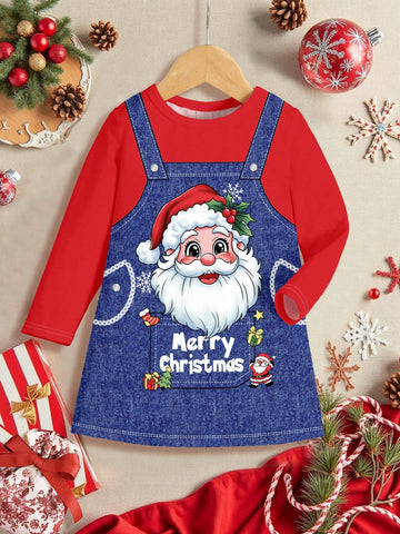Christmas Cute Santa Claus, Young Girl Casual Simple Long Sleeve Dress, Suitable For Autumn And Winter
