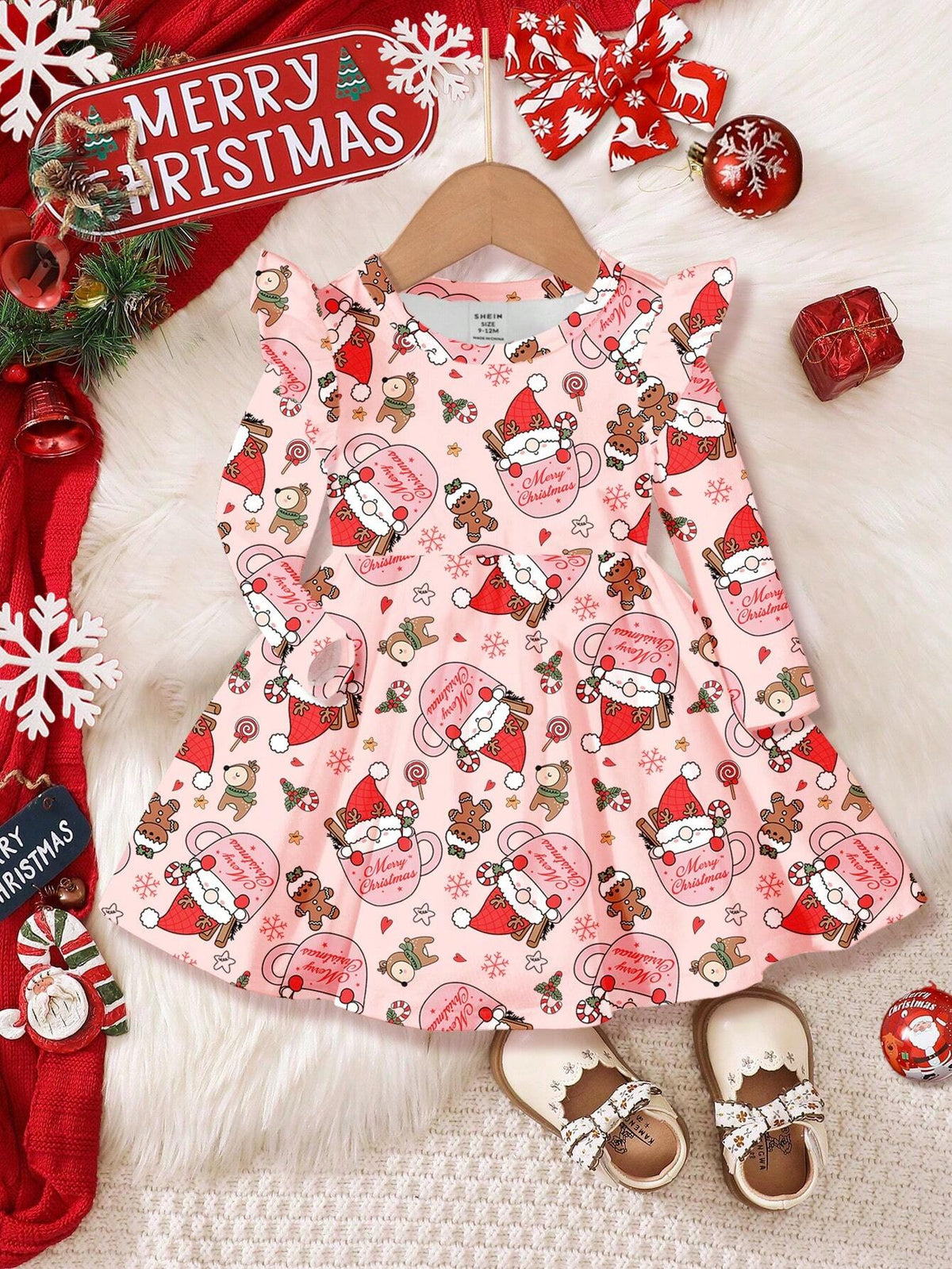 Christmas Gingerbread Man & Reindeer Print, Santa Claus Mug; Young Girl Casual Christmas Printed Long Sleeve Dress