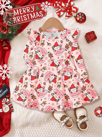 Christmas Gingerbread Man & Reindeer Print, Santa Claus Mug; Young Girl Casual Christmas Printed Long Sleeve Dress