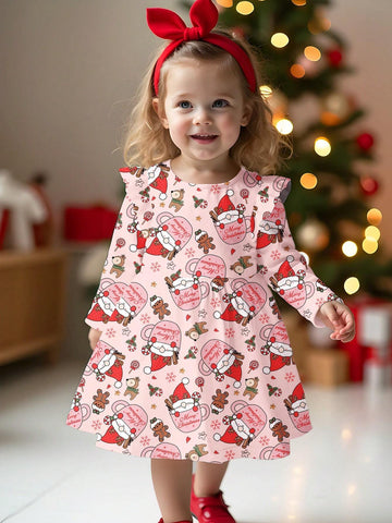 Christmas Gingerbread Man & Reindeer Print, Santa Claus Mug; Young Girl Casual Christmas Printed Long Sleeve Dress