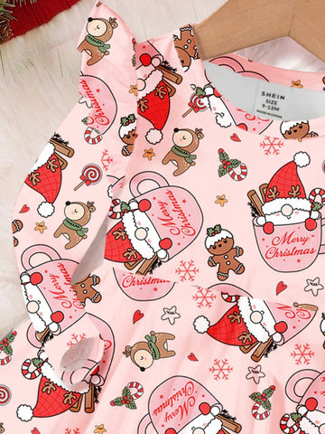 Christmas Gingerbread Man & Reindeer Print, Santa Claus Mug; Young Girl Casual Christmas Printed Long Sleeve Dress