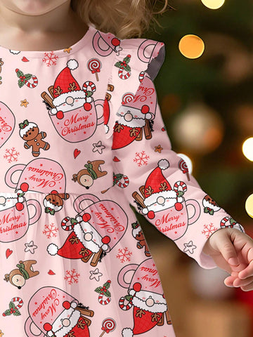Christmas Gingerbread Man & Reindeer Print, Santa Claus Mug; Young Girl Casual Christmas Printed Long Sleeve Dress