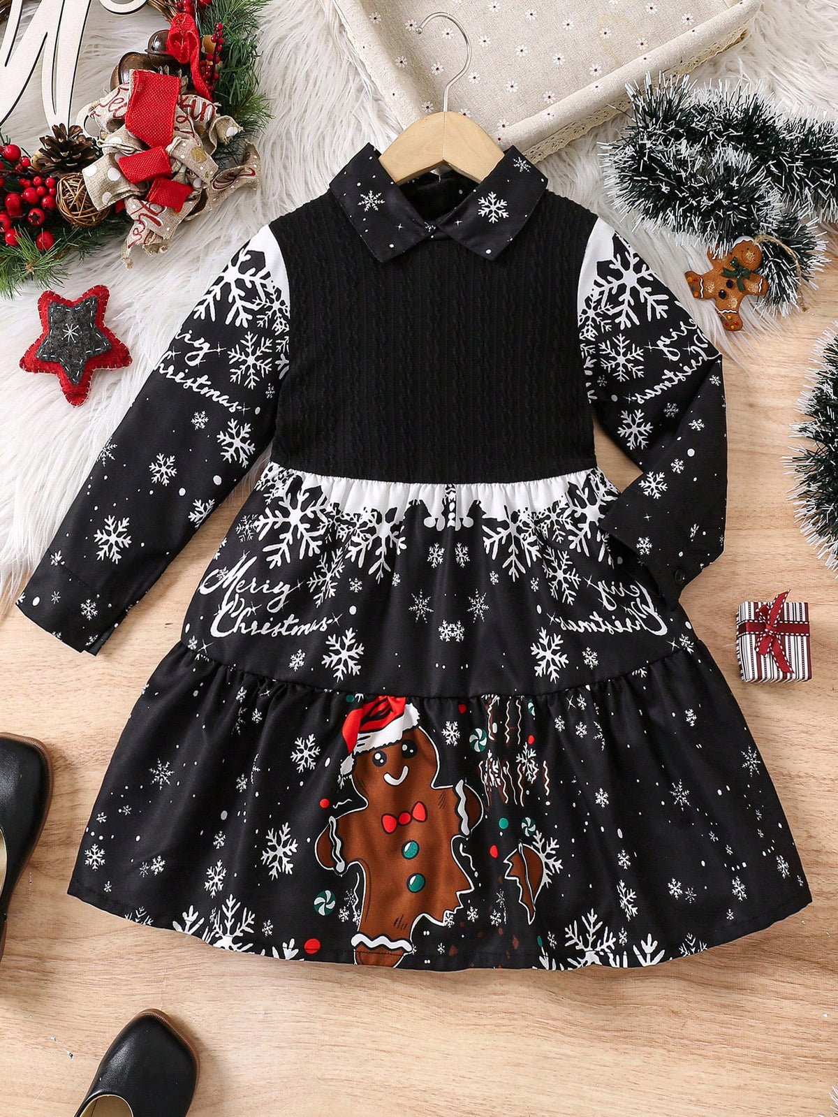 Christmas Girls Casual Comfortable Elegant Black Knit Jacquard Patchwork Gingerbread Pattern Lapel Cuff Slit Collar Ruffle Hem Layered Dress