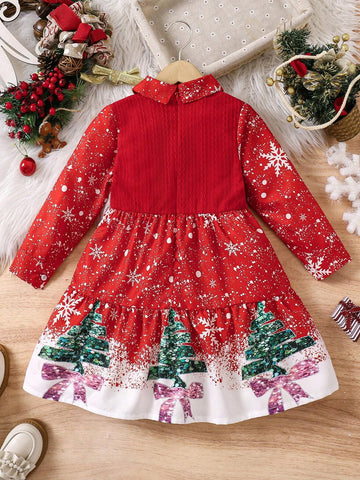 Christmas Girls Christmas Casual Elegant Red Knitted Pattern Patchwork Christmas Tree & Snowflake Print Shirt Collar Ruffle Hem Flared Skirt Dress
