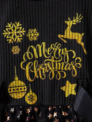 Christmas Girls Cute Deer Casual Mesh Star Quilted Patchwork Princess Dress