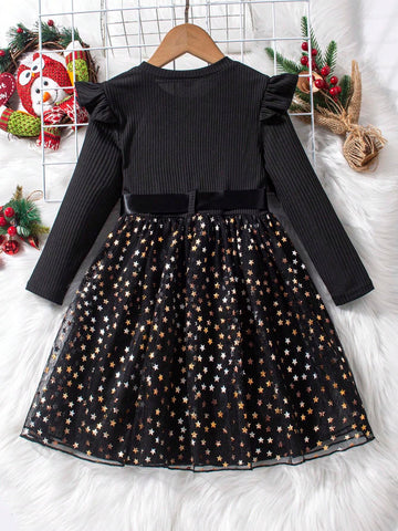 Christmas Girls Cute Deer Casual Mesh Star Quilted Patchwork Princess Dress