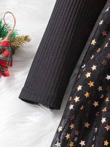 Christmas Girls Cute Deer Casual Mesh Star Quilted Patchwork Princess Dress