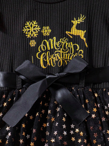 Christmas Girls Cute Deer Casual Mesh Star Quilted Patchwork Princess Dress