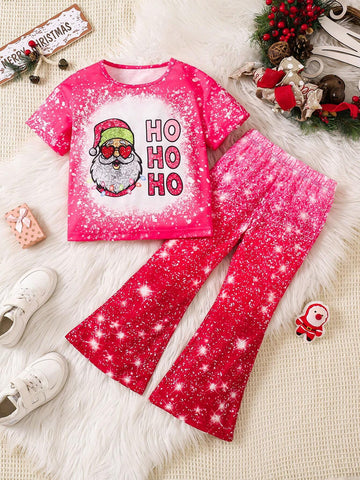 Christmas Santa Claus Print Crew Neck Short Sleeve Top And Elastic Waist Flare Leg Pants Casual 2pcs Set For Young Girls