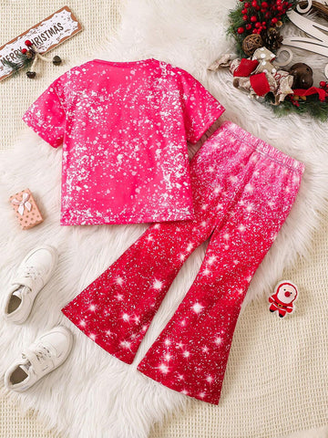Christmas Santa Claus Print Crew Neck Short Sleeve Top And Elastic Waist Flare Leg Pants Casual 2pcs Set For Young Girls
