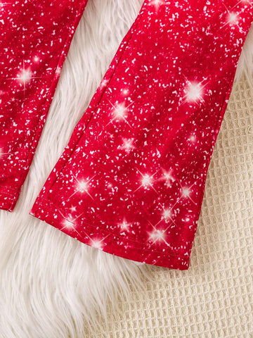 Christmas Santa Claus Print Crew Neck Short Sleeve Top And Elastic Waist Flare Leg Pants Casual 2pcs Set For Young Girls