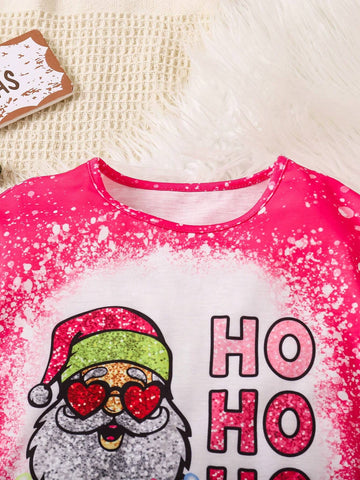 Christmas Santa Claus Print Crew Neck Short Sleeve Top And Elastic Waist Flare Leg Pants Casual 2pcs Set For Young Girls