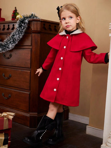 Christmas Young Girl Girls Long Sleeve Color Block Peter Pan Collar A-Line Thick Dress