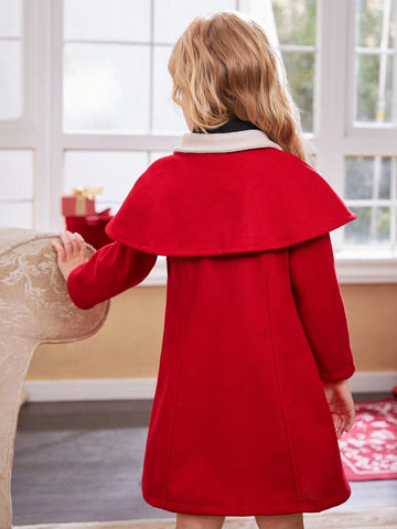 Christmas Young Girl Girls Long Sleeve Color Block Peter Pan Collar A-Line Thick Dress