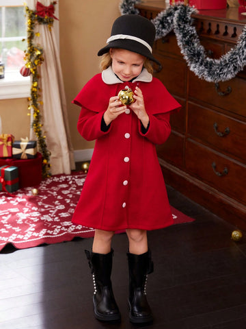 Christmas Young Girl Girls Long Sleeve Color Block Peter Pan Collar A-Line Thick Dress