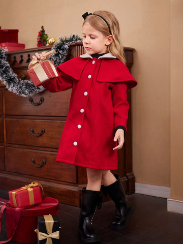 Christmas Young Girl Girls Long Sleeve Color Block Peter Pan Collar A-Line Thick Dress