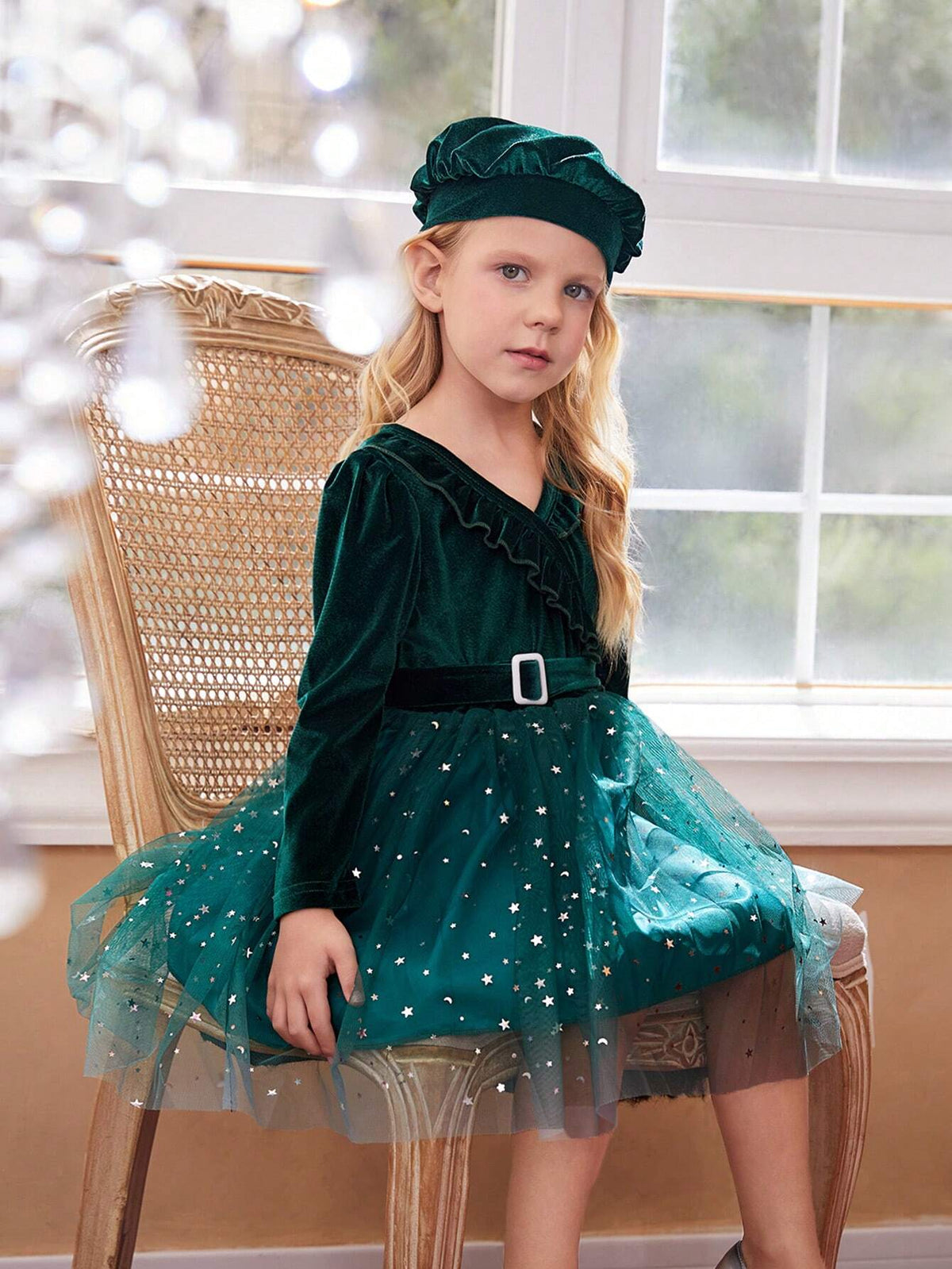 Christmas Young Girls Velvet Sequin Mesh Dress - Toddler/Little Young Girl, Green