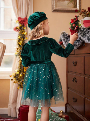 Christmas Young Girls Velvet Sequin Mesh Dress - Toddler/Little Young Girl, Green