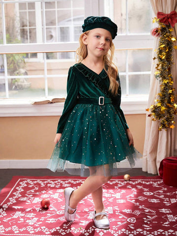 Christmas Young Girls Velvet Sequin Mesh Dress - Toddler/Little Young Girl, Green