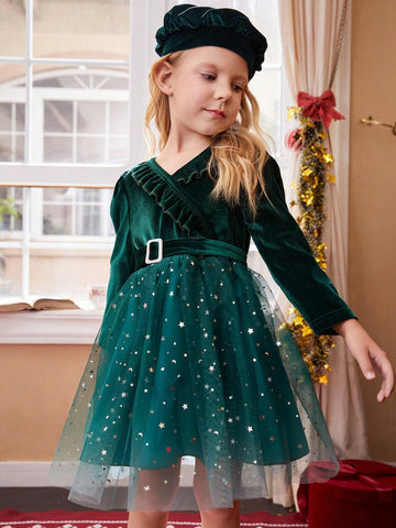 Christmas Young Girls Velvet Sequin Mesh Dress - Toddler/Little Young Girl, Green