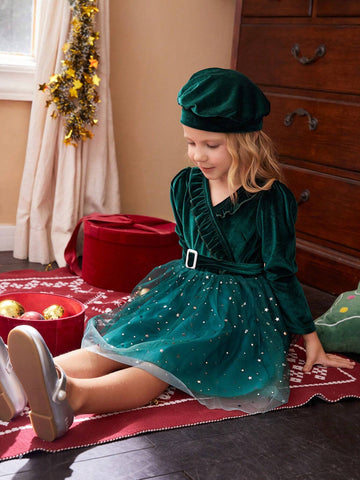 Christmas Young Girls Velvet Sequin Mesh Dress - Toddler/Little Young Girl, Green