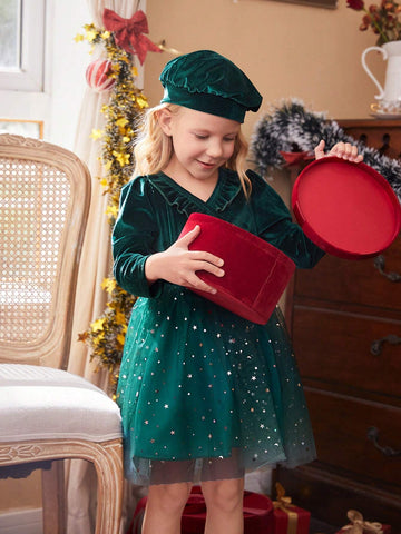 Christmas Young Girls Velvet Sequin Mesh Dress - Toddler/Little Young Girl, Green