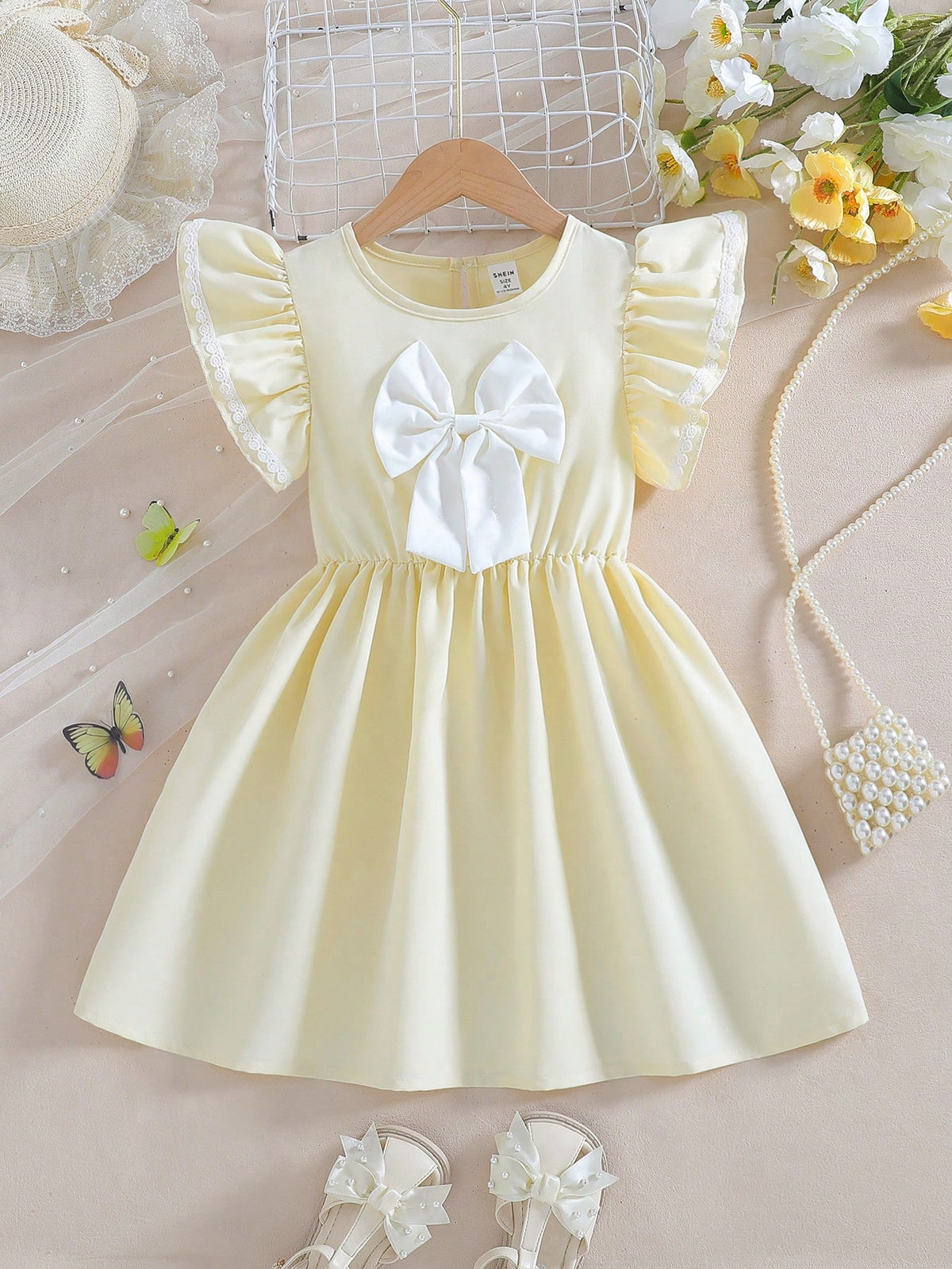 Christmas & Back To School Girls Casual Red & White Bowknot Dress With Cute Cap Sleeve & White Lace Trim, Comfortable And Fashionable For Spring/Summer