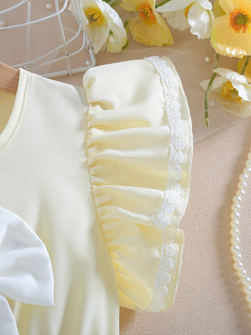 Christmas & Back To School Girls Casual Red & White Bowknot Dress With Cute Cap Sleeve & White Lace Trim, Comfortable And Fashionable For Spring/Summer