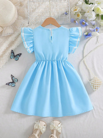 Christmas & Back To School Girl's Collegiate Style Casual Dress, Wine Red With White Bow Decor, Cute Fluttering Sleeves With White Lace Trim, Comfortable & Fashionable
