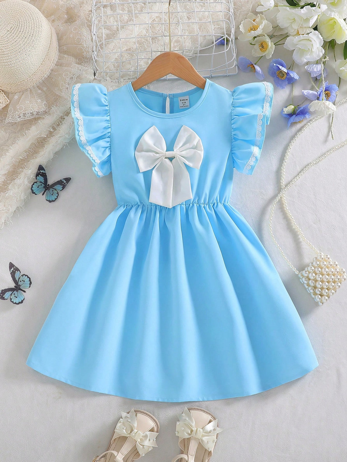 Christmas & Back To School Girl's Collegiate Style Casual Dress, Wine Red With White Bow Decor, Cute Fluttering Sleeves With White Lace Trim, Comfortable & Fashionable