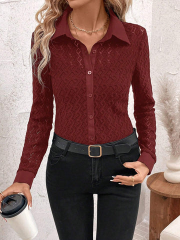 Clasi 1pc Black Hollow-Out Jacquard Long Sleeve Shirt, Minimalist & Fashionable Casual Everyday Wear