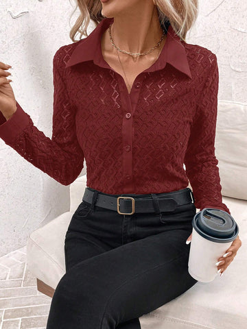 Clasi 1pc Black Hollow-Out Jacquard Long Sleeve Shirt, Minimalist & Fashionable Casual Everyday Wear