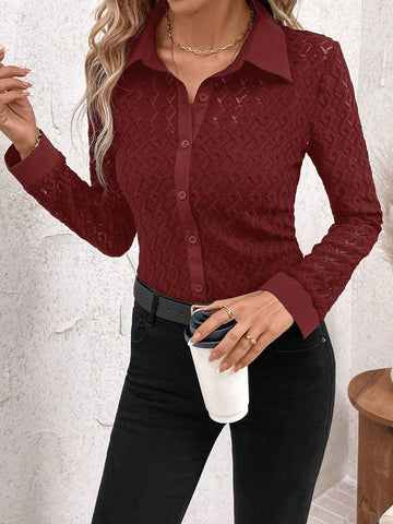 Clasi 1pc Black Hollow-Out Jacquard Long Sleeve Shirt, Minimalist & Fashionable Casual Everyday Wear