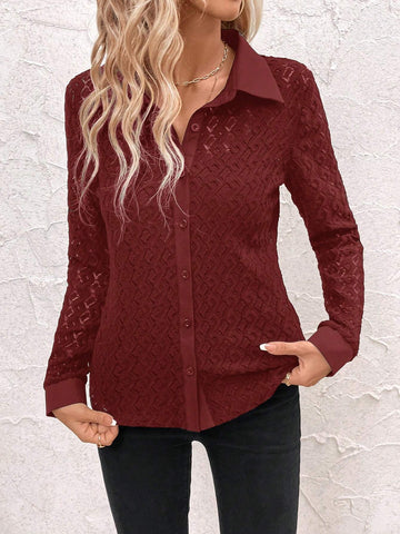 Clasi 1pc Black Hollow-Out Jacquard Long Sleeve Shirt, Minimalist & Fashionable Casual Everyday Wear