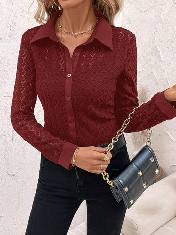 Clasi 1pc Black Hollow-Out Jacquard Long Sleeve Shirt, Minimalist & Fashionable Casual Everyday Wear