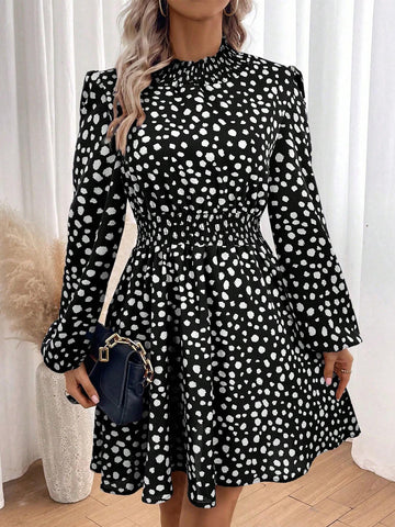 1pc Casual Ruched Lantern Sleeve All-Over Print Long Sleeve Dress, Autumn