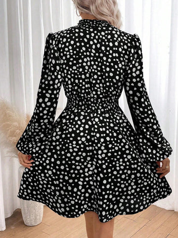 1pc Casual Ruched Lantern Sleeve All-Over Print Long Sleeve Dress, Autumn