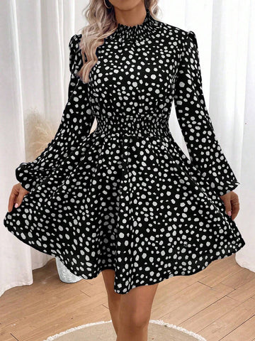 1pc Casual Ruched Lantern Sleeve All-Over Print Long Sleeve Dress, Autumn