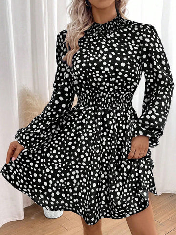 1pc Casual Ruched Lantern Sleeve All-Over Print Long Sleeve Dress, Autumn