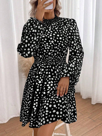 1pc Casual Ruched Lantern Sleeve All-Over Print Long Sleeve Dress, Autumn