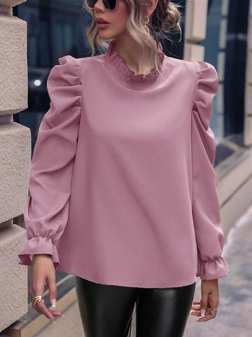 Clasi 1pc Plain Ruffle Collar Long Sleeve Minimalist Casual Blouse