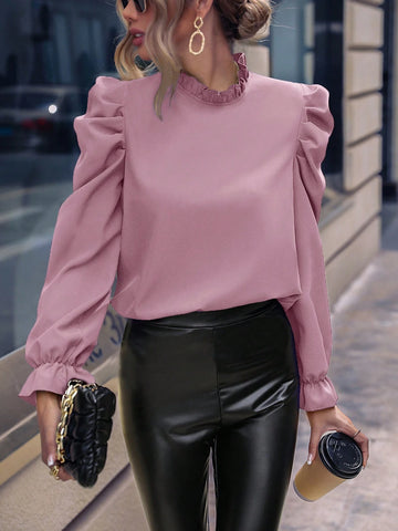 Clasi 1pc Plain Ruffle Collar Long Sleeve Minimalist Casual Blouse