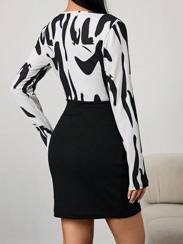 i 1pc Random Print Deep V-Neck Criss-Cross Wrap Elegant Long Sleeve Dress
