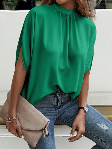 Clasi 1pc Women Casual Solid Color Batwing Sleeve Stand Collar Tie Back Blouse, Summer