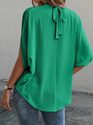 Clasi 1pc Women Casual Solid Color Batwing Sleeve Stand Collar Tie Back Blouse, Summer